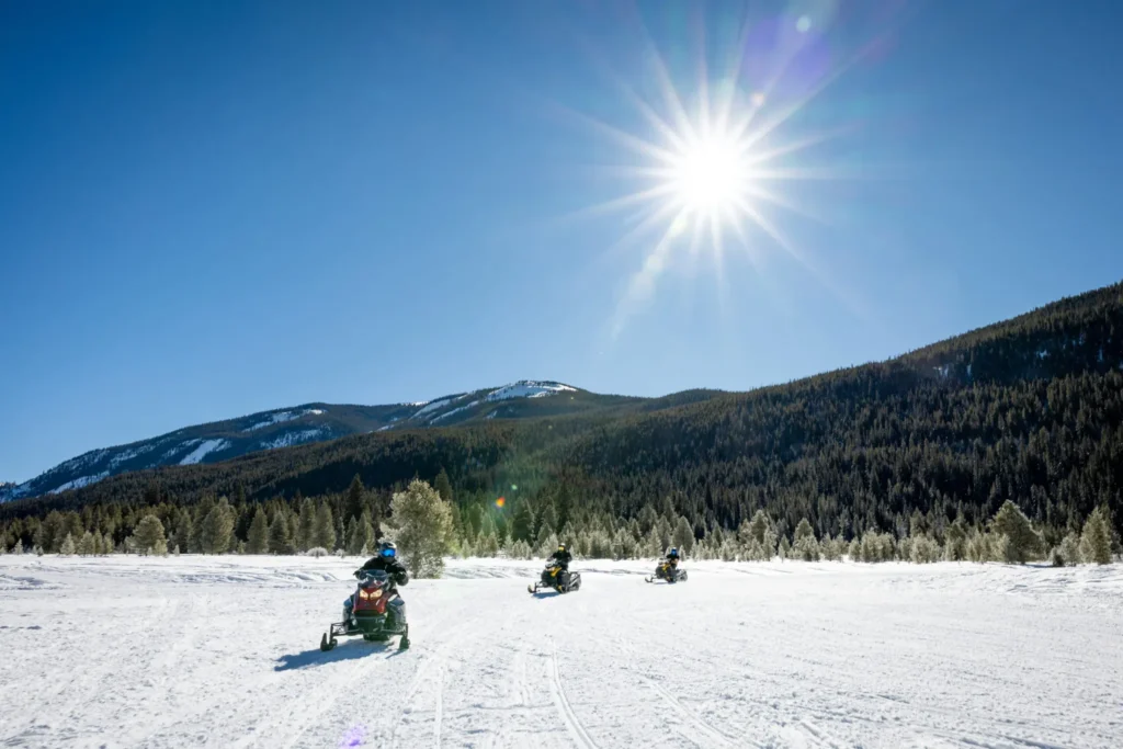 three snowmobile riders on snowy flat land with trees and sun shining in background.